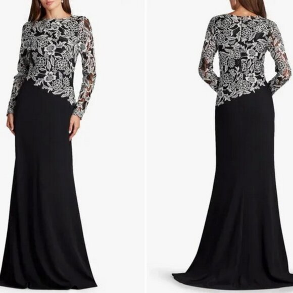 Tadashi Shoji Black Ivory Embroidered Floral Lace Crepe Gown - Picture 1 of 2
